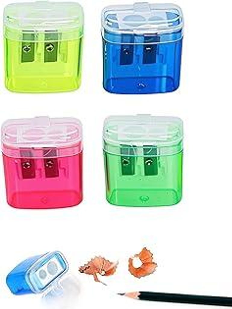 Anspitzer mit Behälter 4 Stück, Spitzer mit Dose, doppellochdesign Deckel Kinder, Handheld Anspitzer, Bleistiftspitzer, Pencil Sharpener, Dosensp...