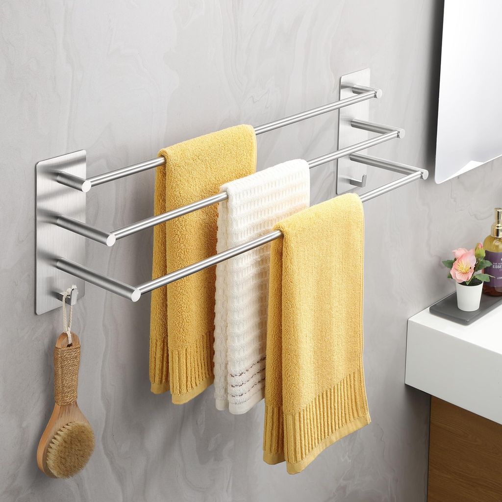 Handtuchhalter 3-armig Selbstklebend 60 cm, SUS304 Edelstahl Wandmontage für Bad & Küche, Ohne Bohren, Silber
