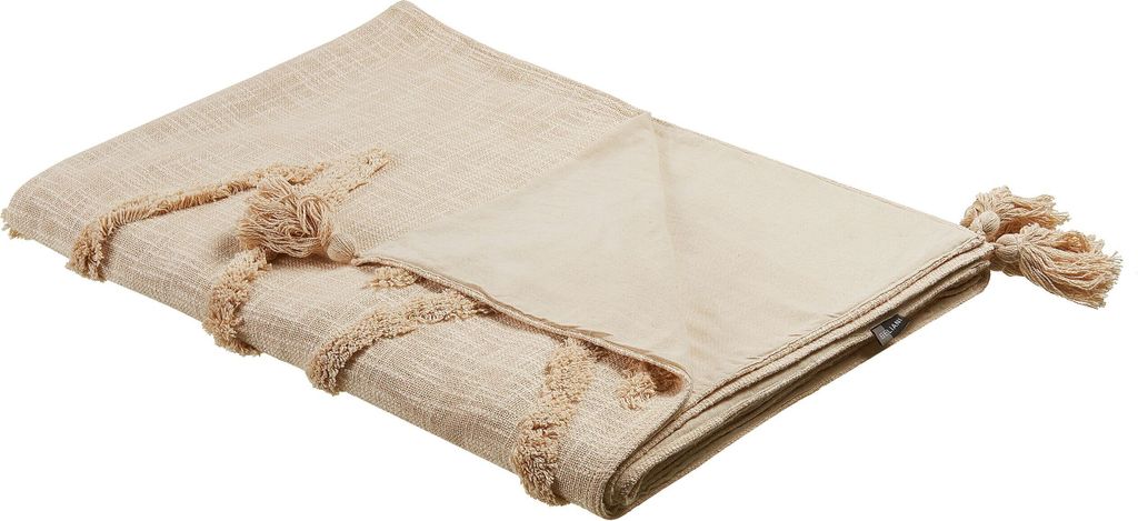 BELIANI Kuscheldecke Beige Baumwolle 130 x 180 cm Handgefertigt mit Muster Orientalisch Quasten für Bett Sofa Couch Sessel Schlafzimmer Wohnzimmer...