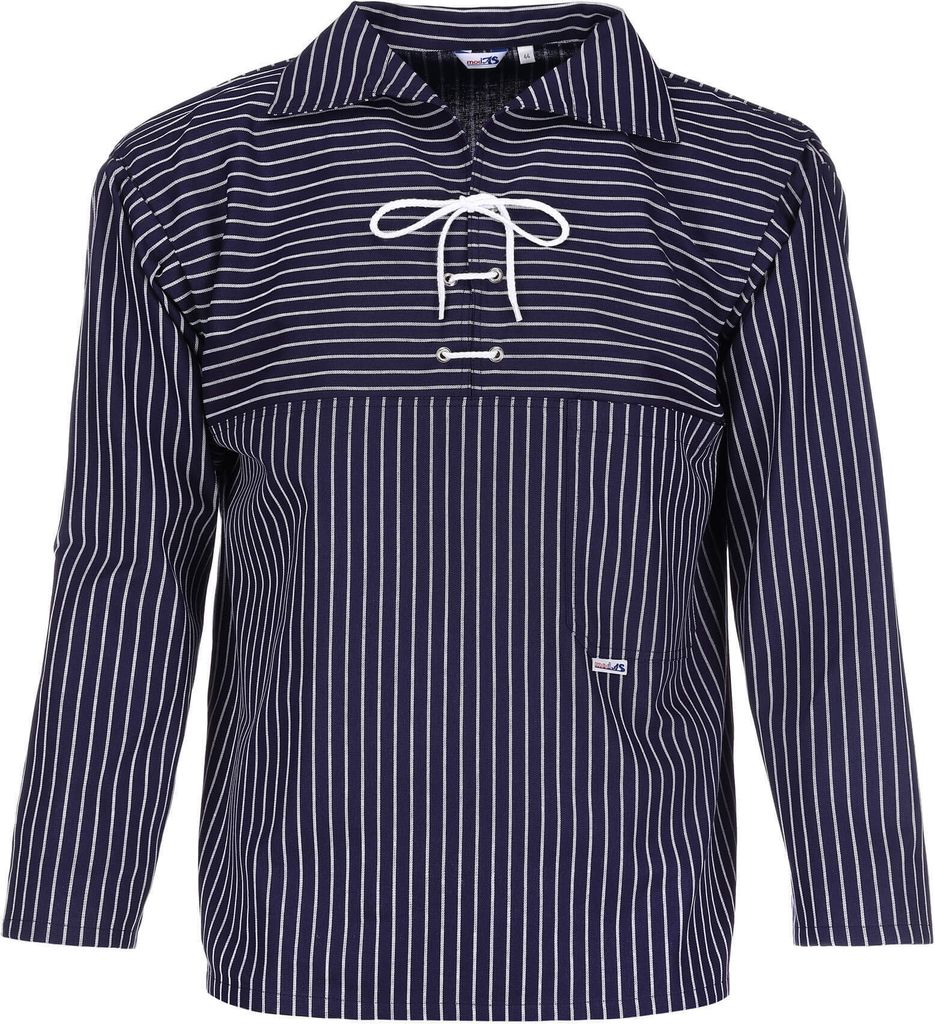 modAS Uni Original Takelhemd mit V-Ausschnitt mit Kordelschnürung - Maritimes Fischerhemd mit Brusttasche mit breiten Streifen in Blau Größe Dam...