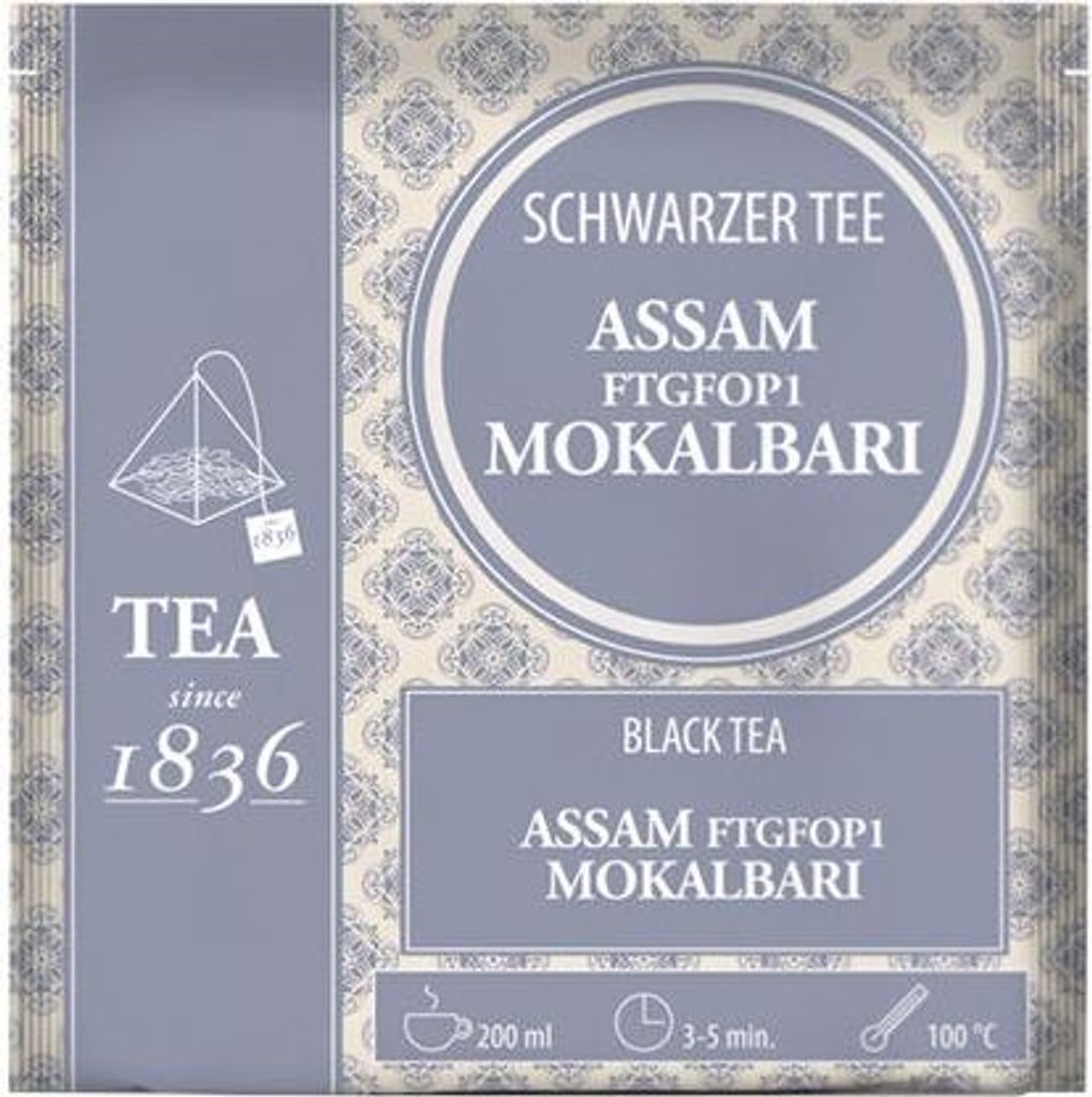 Schwarzer Tee Assam FTGFOP1 Mokalbari 50 Pyramidenbeutel im Sachet à 3 g