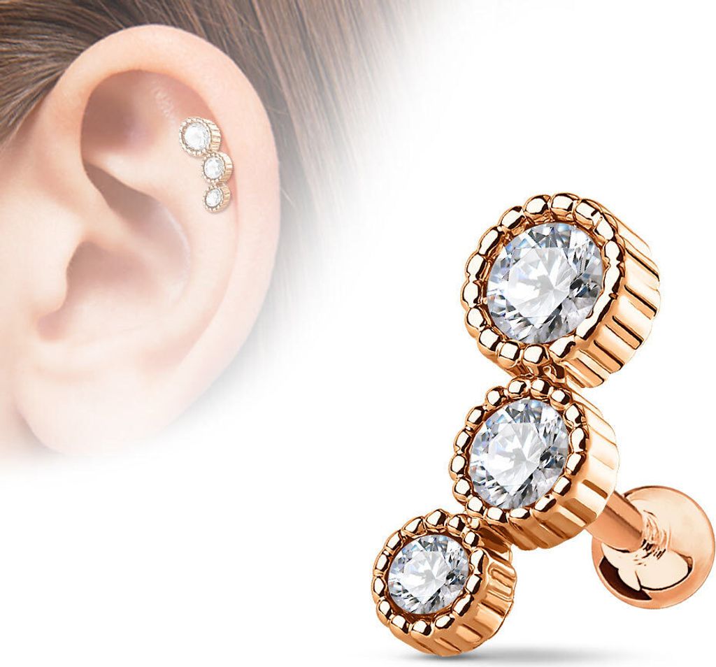 Helix Piercing „3 Zirkonia“ Rose Gold/Klar