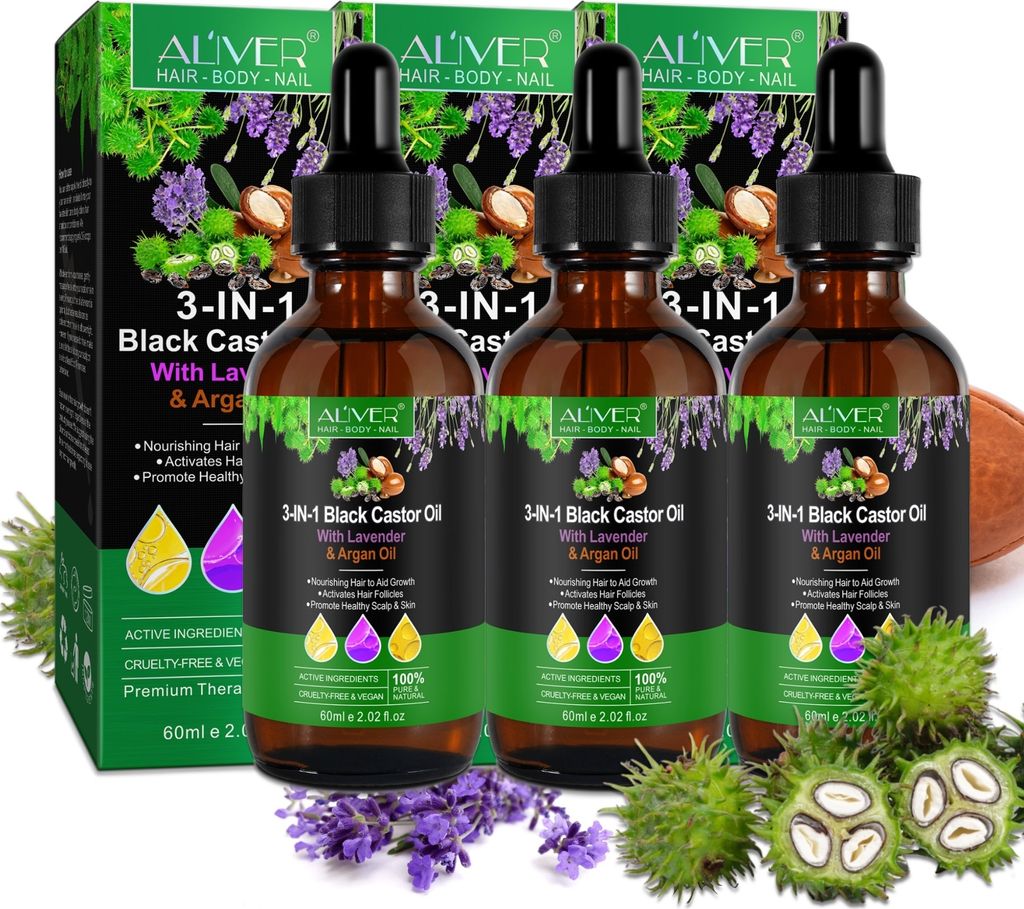 Haaröl 3-in-1 Rizinusöl + Lavendelöl + Arganöl für Haut und Haare Bio Vegan, 3x 60ml