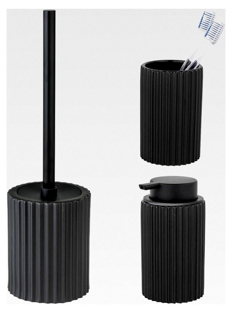 Bad-Accessoire Set Soliera 3-teilig aus hochwertiger Keramik in Schwarz mit WC-Garnitur, Seifenspender und Zahnputzbecher, Maße 37 x 10,5 cm