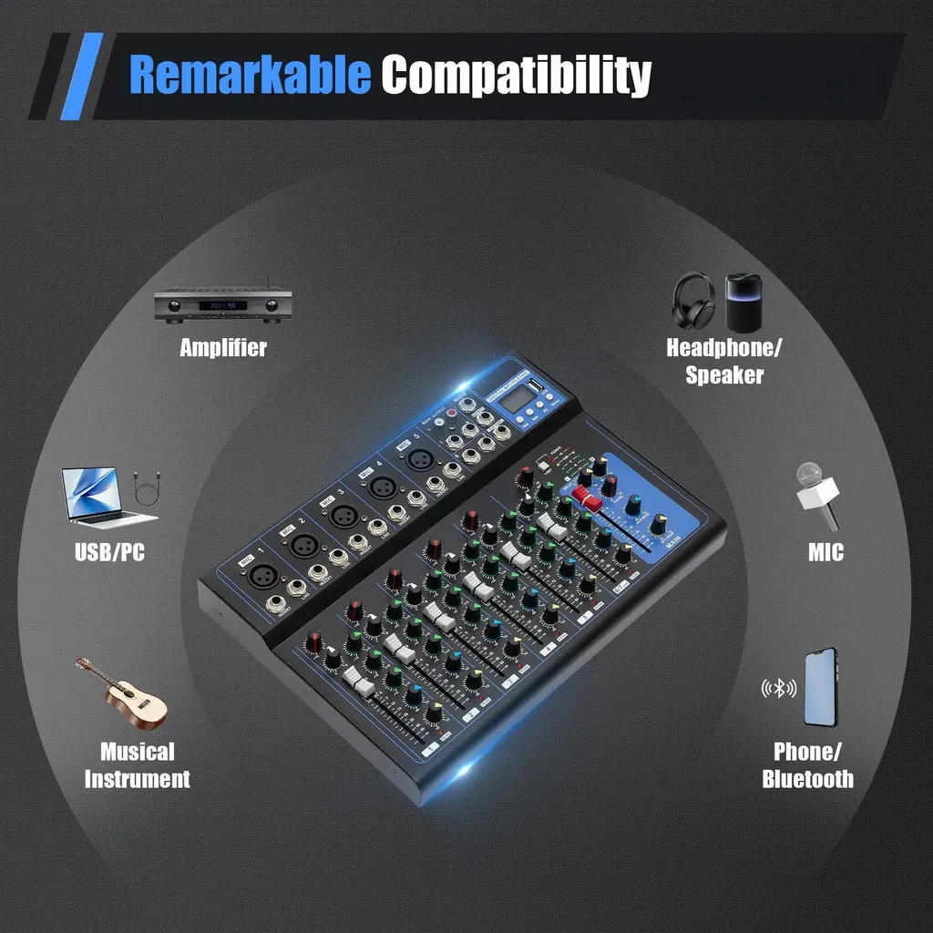 Mixer Audio per Streaming e Podcast Bluetooth 7 Canali USB 48V - 7