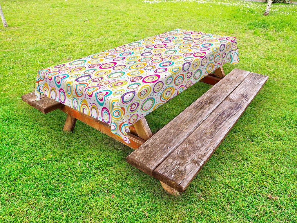 ABAKUHAUS Abstrakt Tischdecke Outdoor, Muster Mit Kreisen Und Punkten Bubble Rings Spotted Springtime Genuss Thema, Mehrfarbig, 145x305cm