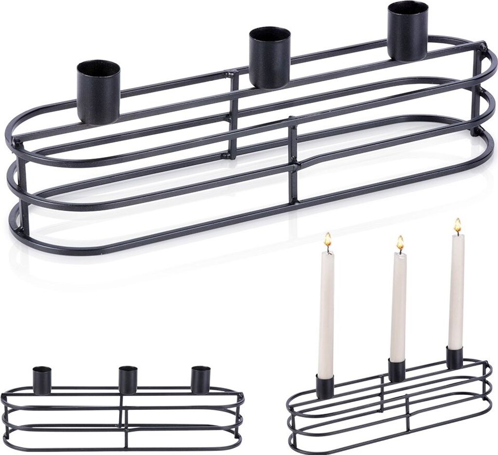 Kerzenständer Kerzenhalter Kerzenleuchter Leuchter für 3 Stabkerzen aus Metall schwarz 29,5x8,5x9,5 cm