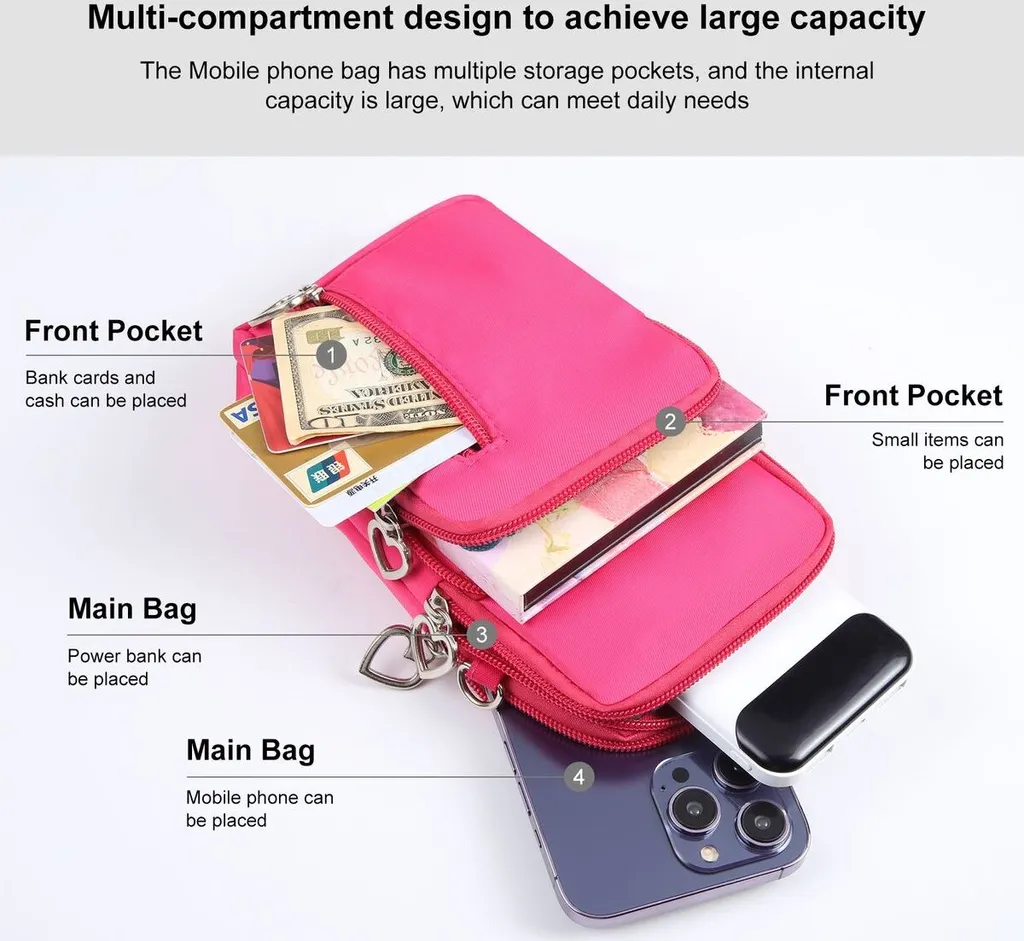 Borsa a Tracolla Multifunzionale Rosa Rosso: Borsello Porta Cellulare - 5
