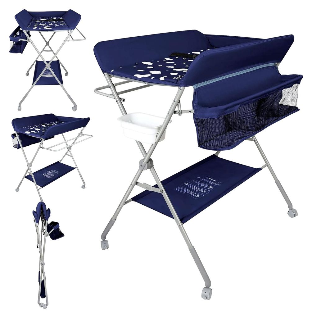 Wickeltisch, faltbar, mit Rollen, 4 Ebenen, höhenverstellbar, tragbar, für Neugeborene, 0-12 Monate (Marineblau)