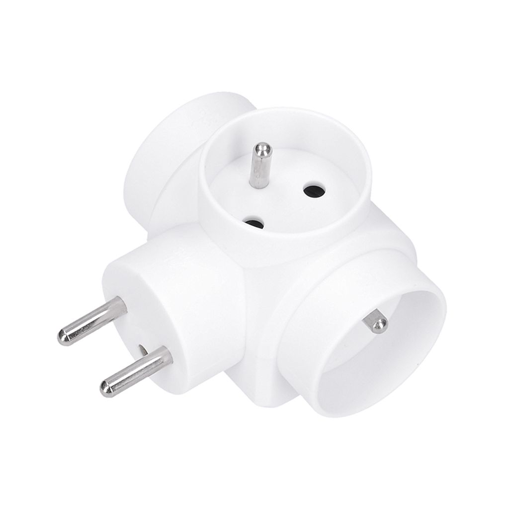 A white electrical adapter with three sockets and two plugs.