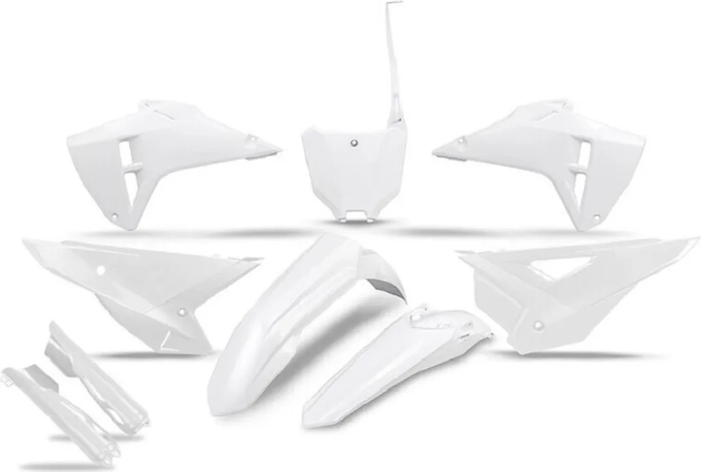 Kit plastiques moto UFO blanc mat haute résistance et protections fourche