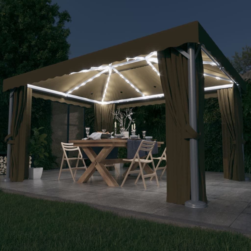 The Living Store Pavillon mit Vorhängen & LED-Lichterkette 4x3 m Taupe
