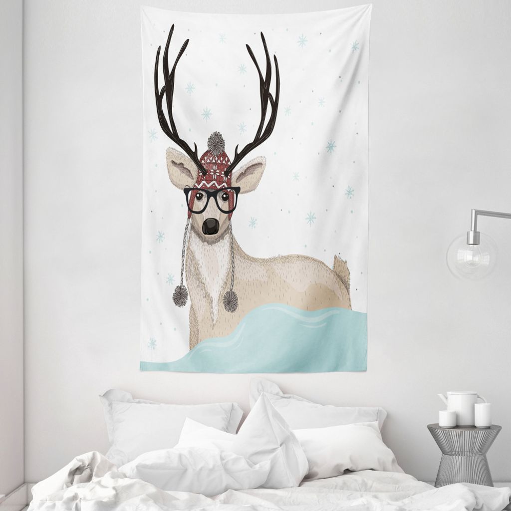 ABAKUHAUS Weihnachten Wandteppich und Tagesdecke, Hipster Hirsch mit Brille aus Weiches Mikrofaser Stoff Waschbar ohne Verblassen Digitaldruck, 140...