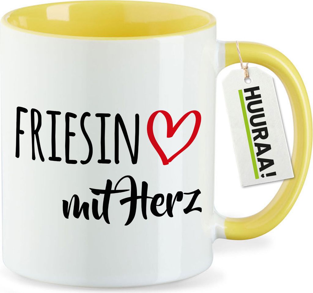 Huuraa Kaffeetasse Friesin mit Herz 330ml Gelb Keramik Kaffeebecher Geschenkidee