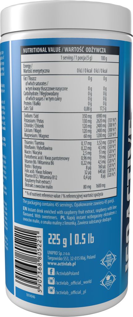 Activlab ISOACTIVE ZERO Himbeere-Limette – Zuckerfreies Iso-Getränk mit Elektrolyten und Himbeer-Extrakt, 225g, Kalorienfrei, B-Vitamine
