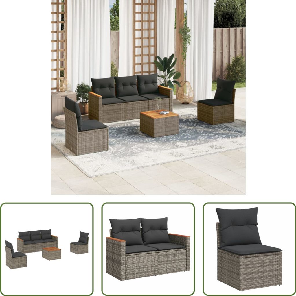 The Living Store 6-tlg. Garten-Sofagarnitur mit Kissen Grau Poly Rattan