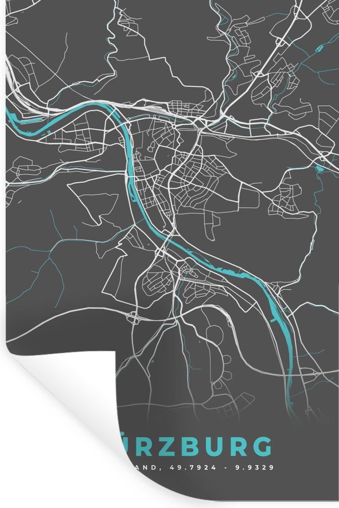 MuchoWow Wandtattoo Wandsticker Wandaufkleber Blau - Deutschland - Karte - Stadtplan - Würzburg 60x90 cm Selbstklebend und Repositionierbar - St...