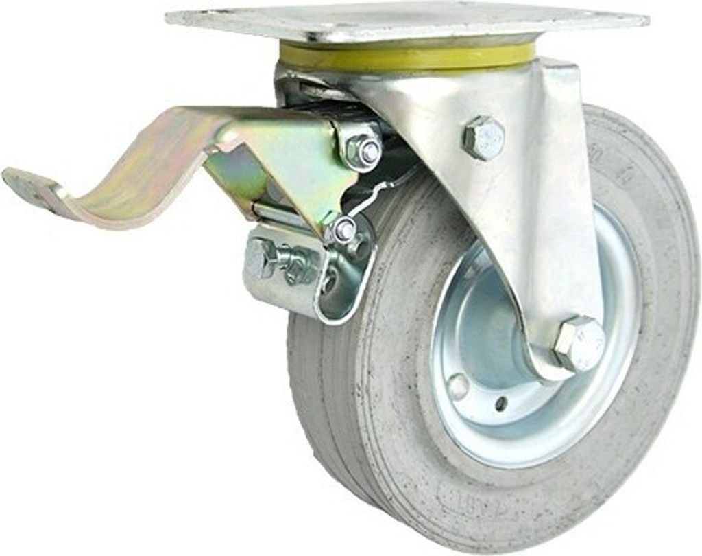 Metal-Gummi-Räder GRAU Ersatzrad Gummi 250mm / 220kg in kippbaren Gehäusen mit Bremse, Vollgummireifen Stahl-Felgen Transportrollen (95SH)