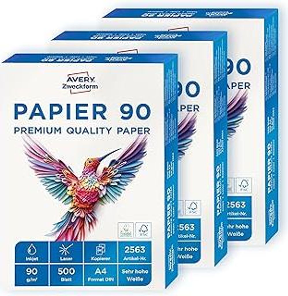 AVERY Zweckform 2563 Drucker-/Kopierpapier (1.500 Blatt, 90 g/m², DIN A4 Papier, hochweiß, für alle Drucker) 1 Box mit 3 Pack