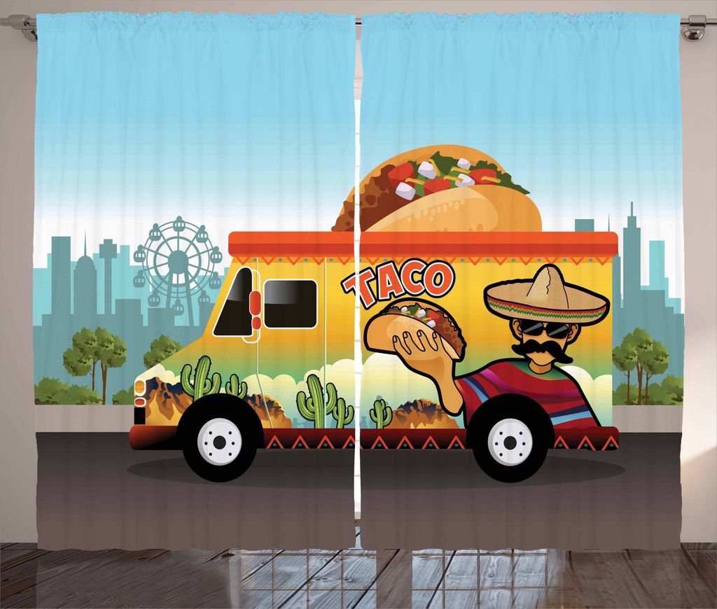 ABAKUHAUS Mexikaner Rustikaler Gardine, Taco LKW auf der Straße in der Stadt, Schlafzimmer Kräuselband Vorhang mit Schlaufen und Haken, 280 x 245...