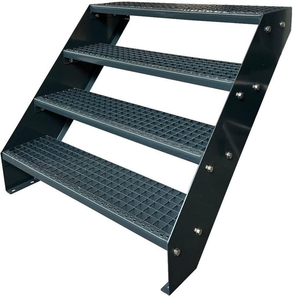 Gitterrost Stahl Wangentreppe 4 Stufen Verzinkt & Anthrazit Pulverlackiert - (L x B x H) 82cm x 120cm x 76cm