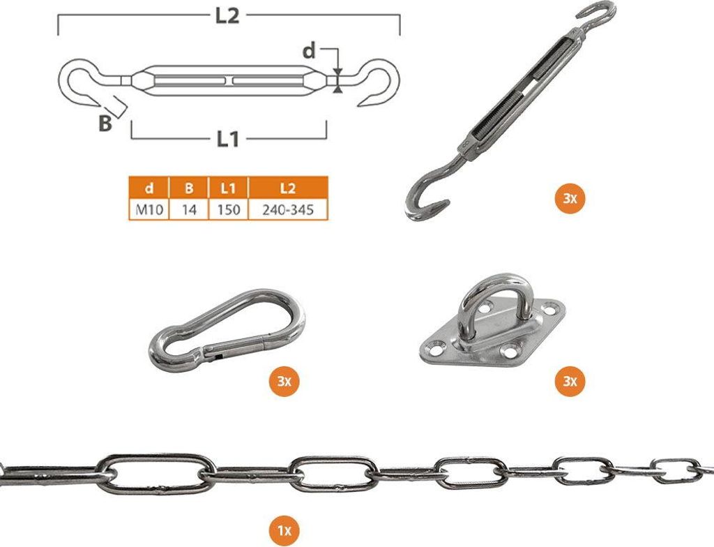 Shadow Tuchmontagesatz Dreieck Edelstahl A4 M10 Spanner - Shadow comfort