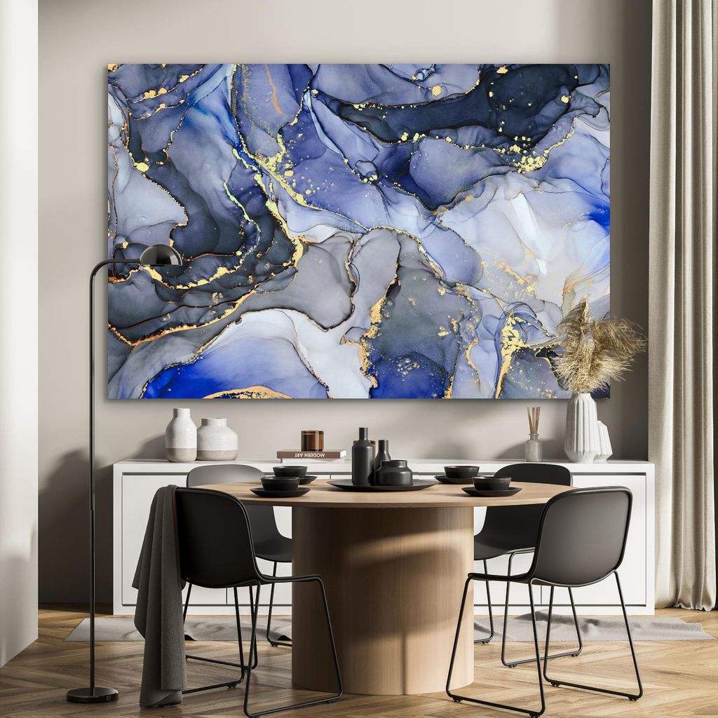 MuchoWow Wanddekoration Metall Metallbild Wandkunst 150x100 cm Marmor - Gold - Abstrakt - Blau MuchoWow Aluminium Gemälde - Alu Dibond Bild