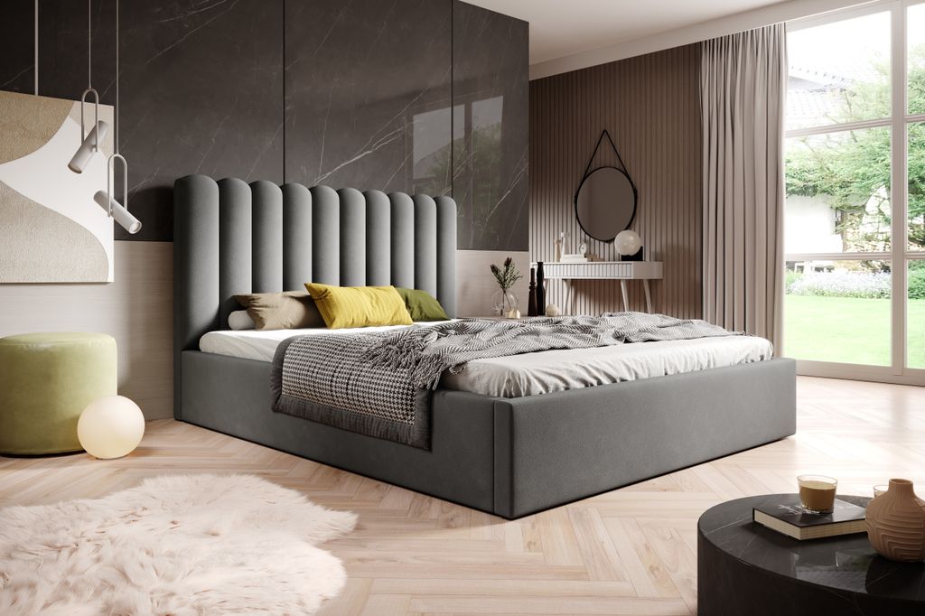 BESILIO Bett mit hohem Kopfteil für Schlafzimmer 160x200 Lumi - Lattenrost mit Bettkasten - Dunkelgrau & Magic Velvet 2217