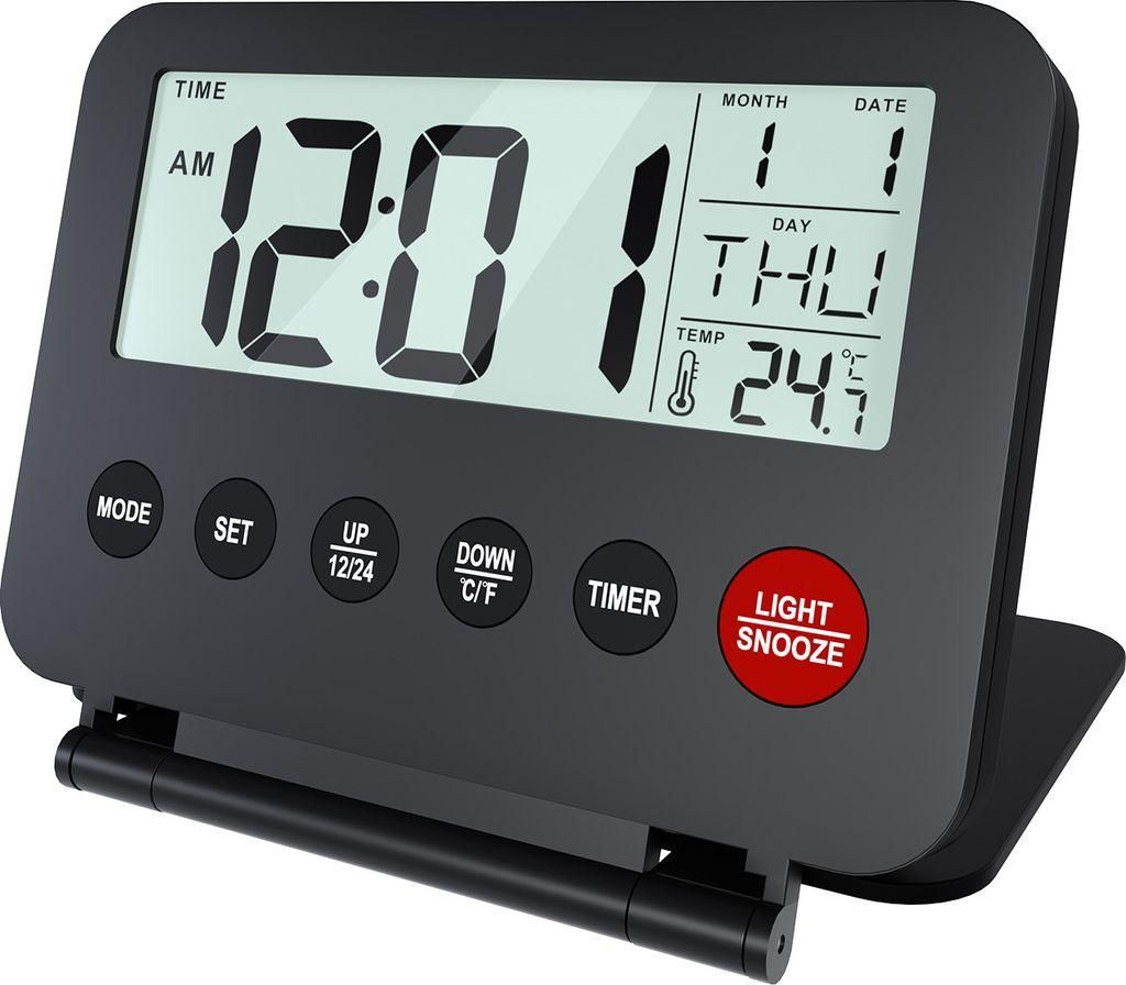 Reisewecker, Klappbarer Digitalwecker Batteriebetrieben mit Datum, Timer, Snooze und Temperaturanzeige, Tragbare Tischuhr für Reisen & Zuhause