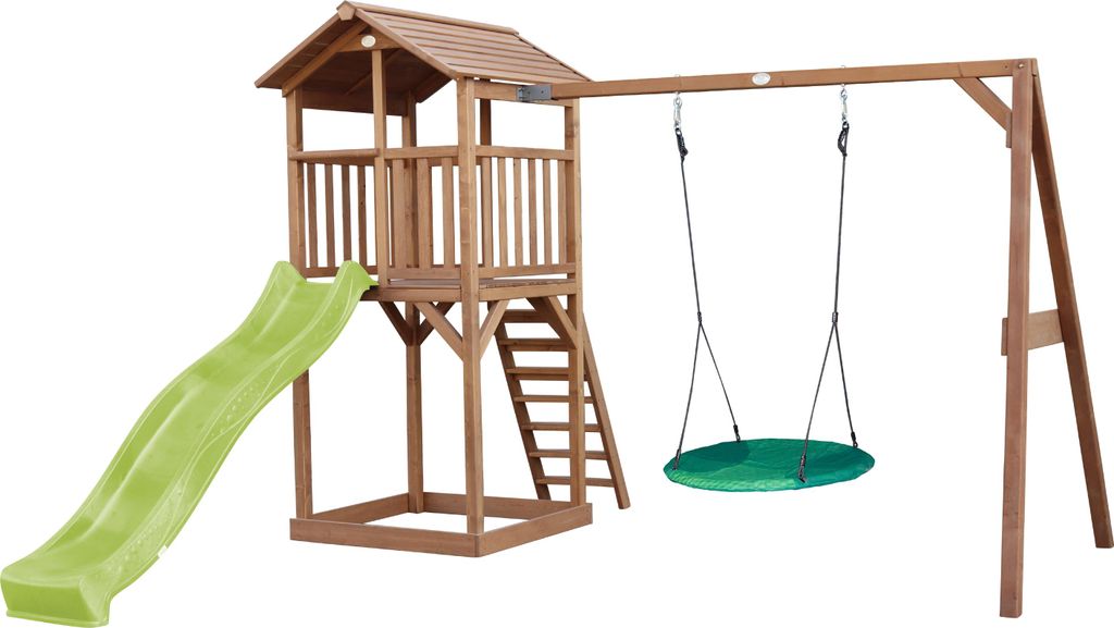 AXI Beach Tower Spielturm aus Holz in Braun | Spielhaus für Kinder mit hellgrüner Rutsche, Nestschaukel und Sandkasten | Stelzenhaus für den Garten