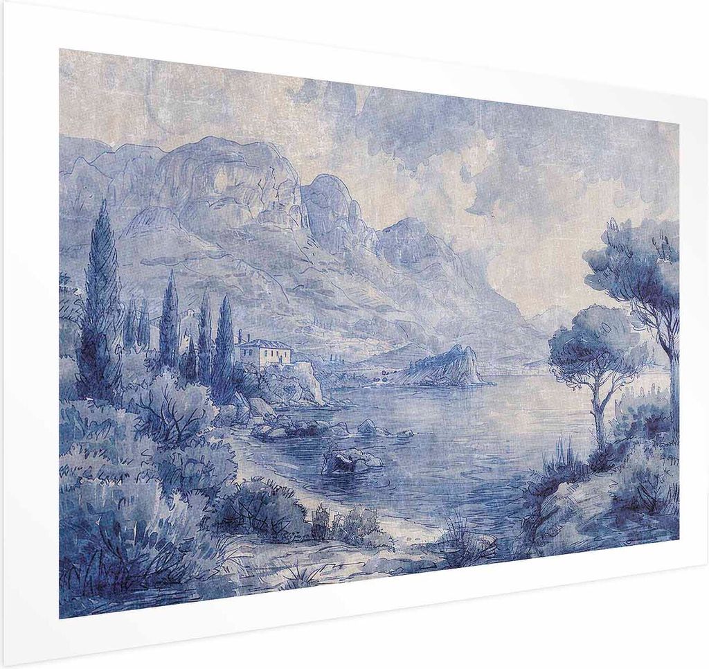 Posterpapier Poster - Blue Bay - Italian Landscape of Lake Como Painted in Blue Ink 60x40 cm Landschaften c-H-10026-ao-a