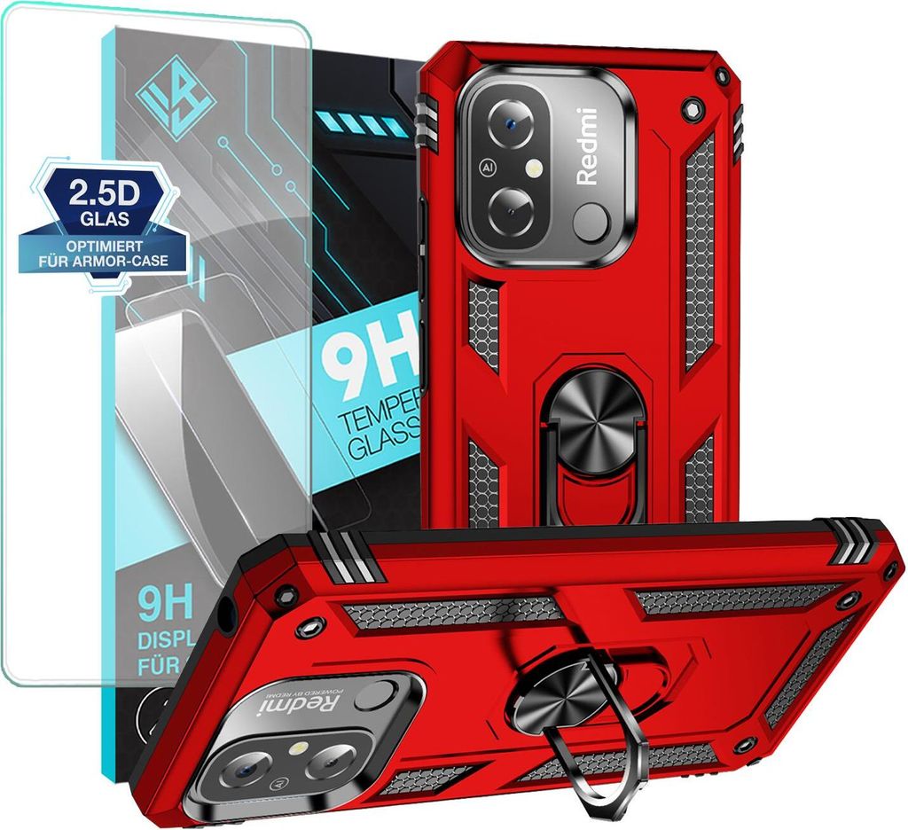 Armor Outdoor Handyhülle für Xiaomi Redmi 12C Handy Panzer Case Schutzhülle mit 9H Displayglas Displayschutz Farbe: Rot