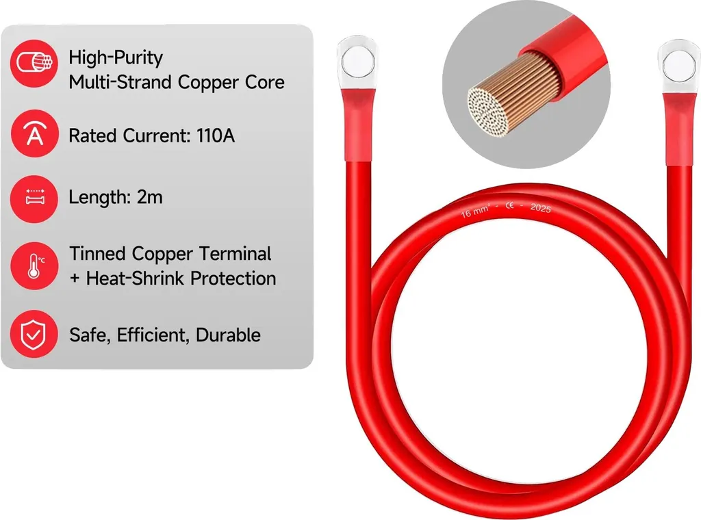 Câble positif 110A haute performance 16mm² avec longueur de 2 mètres