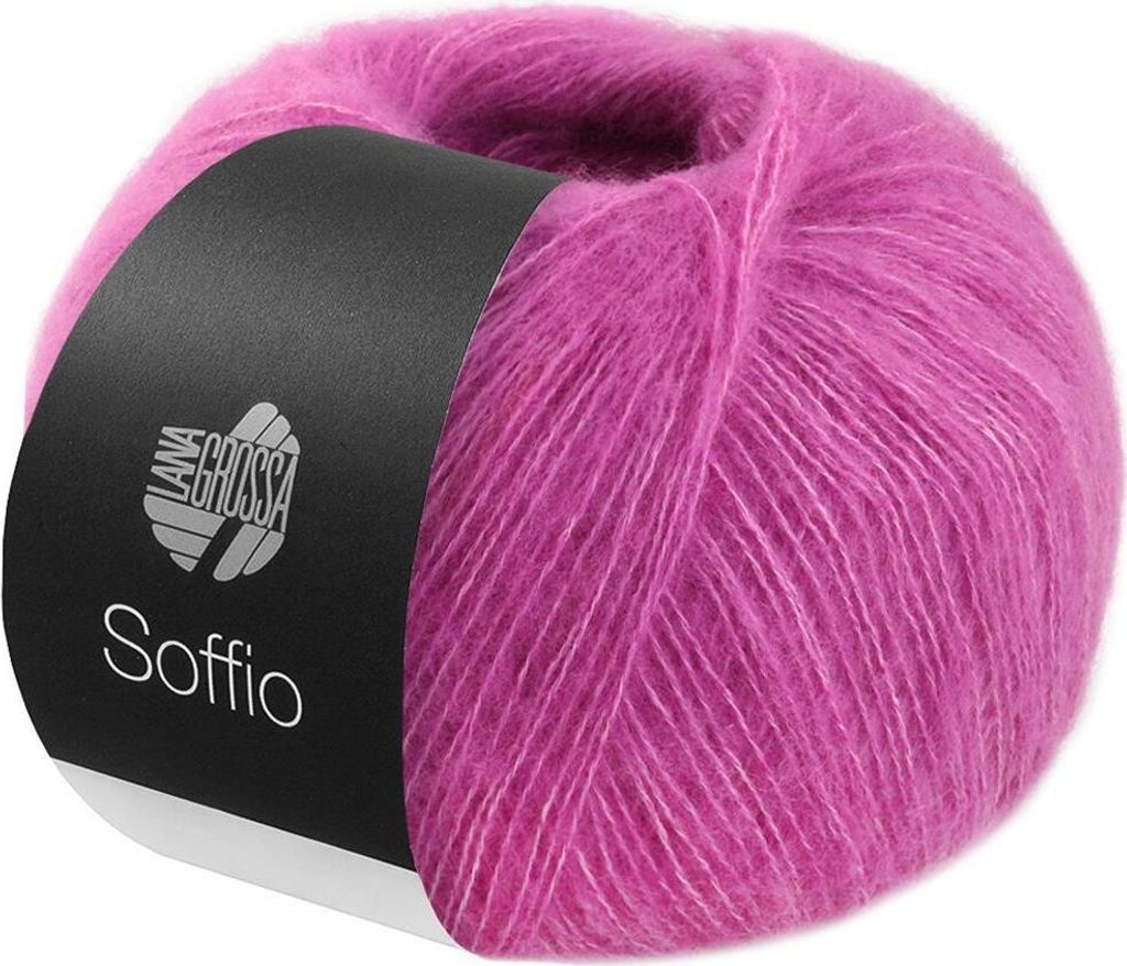 A ball of fuchsia-colored yarn with a black label.