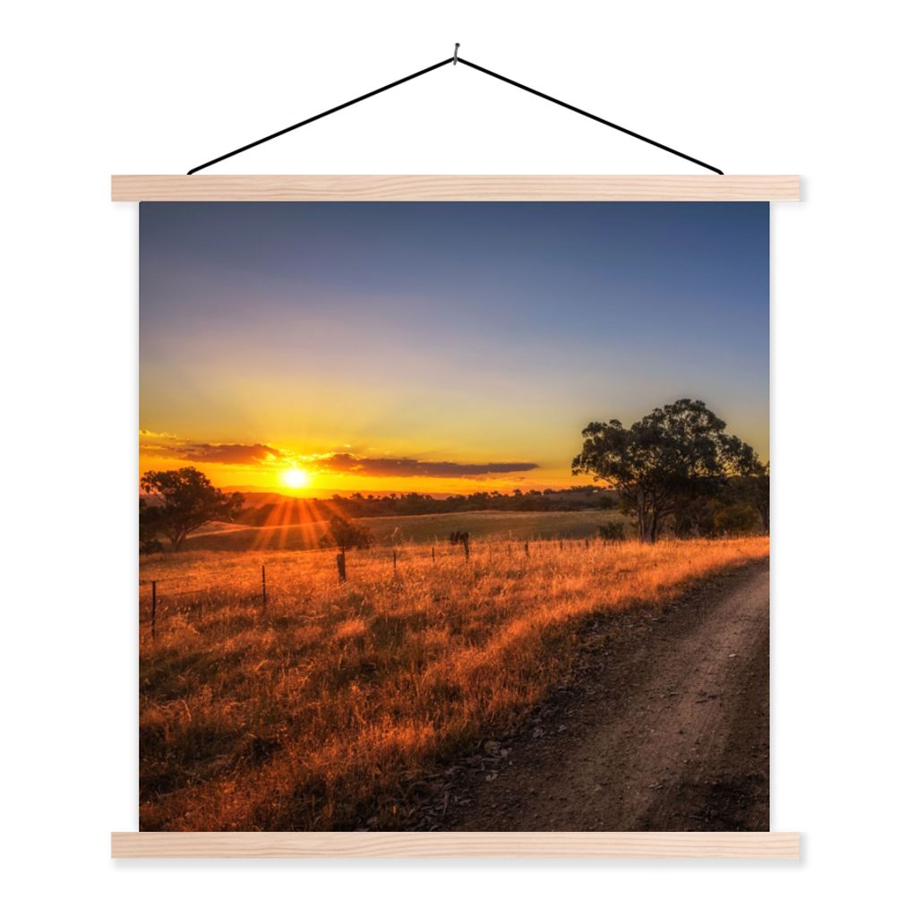 MuchoWow Textilposter Sonne - Gras - Baum - Natur 40x40 cm mit holzfarbenen Rahmen - Posterleiste