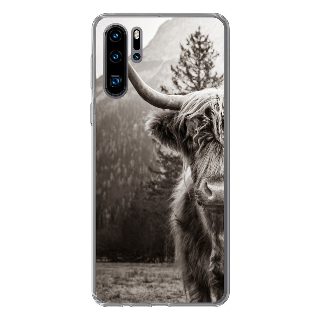 MuchoWow Handyhülle Schutzhülle Hülle für Huawei P30 Pro Scottish Highlander - Stier - Schwarz - Weiß Silikon Softcase Handy Hülle - Schutz...