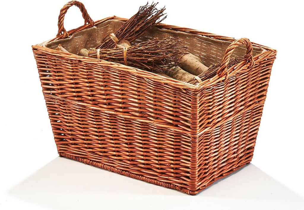 Kobolo Holztrage Holzkorb für Kaminholz Weide mit Jutestoff und Henkel Kaminkorb Kaminholztasche Dekokorb Transportkorb Holztasche Zeitungskorb K...