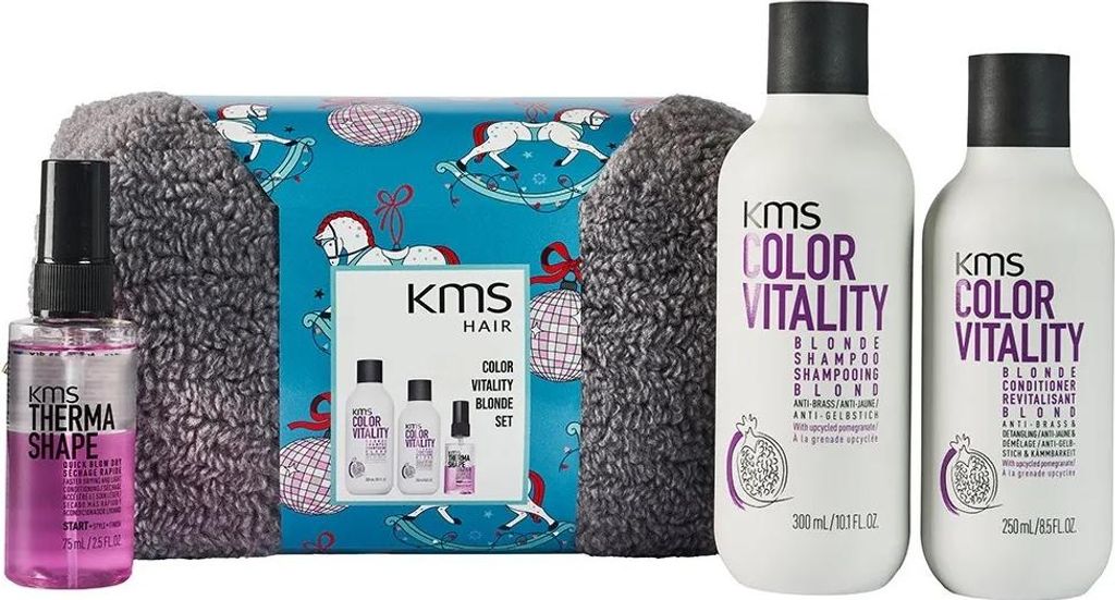 KMS Colorvitality Blonde Geschenkset - Shampoo 300 ml + Conditioner 250 ml + Quick Blow Dry 75 ml + Kosmetiktasche