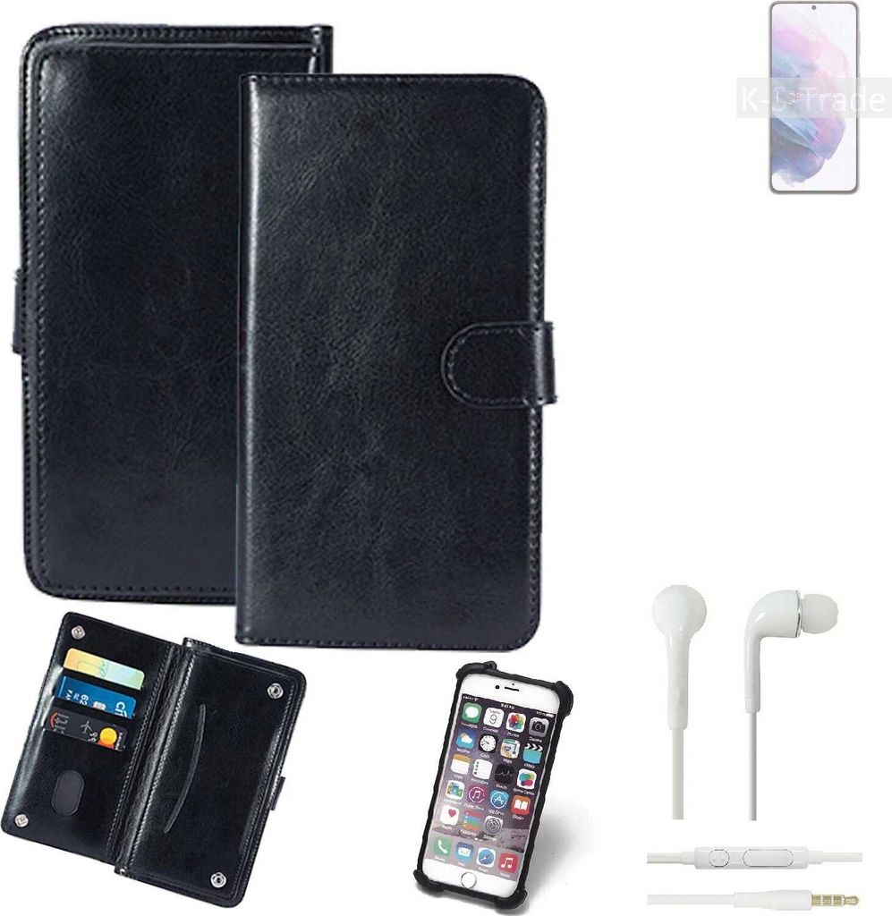 K-S-Trade 360° Hülle kompatibel mit Samsung Galaxy S21 5G Exynos inkl. Headphones schwarz Kunstleder Case BookCase WalletCase Kunstlederederhülle
