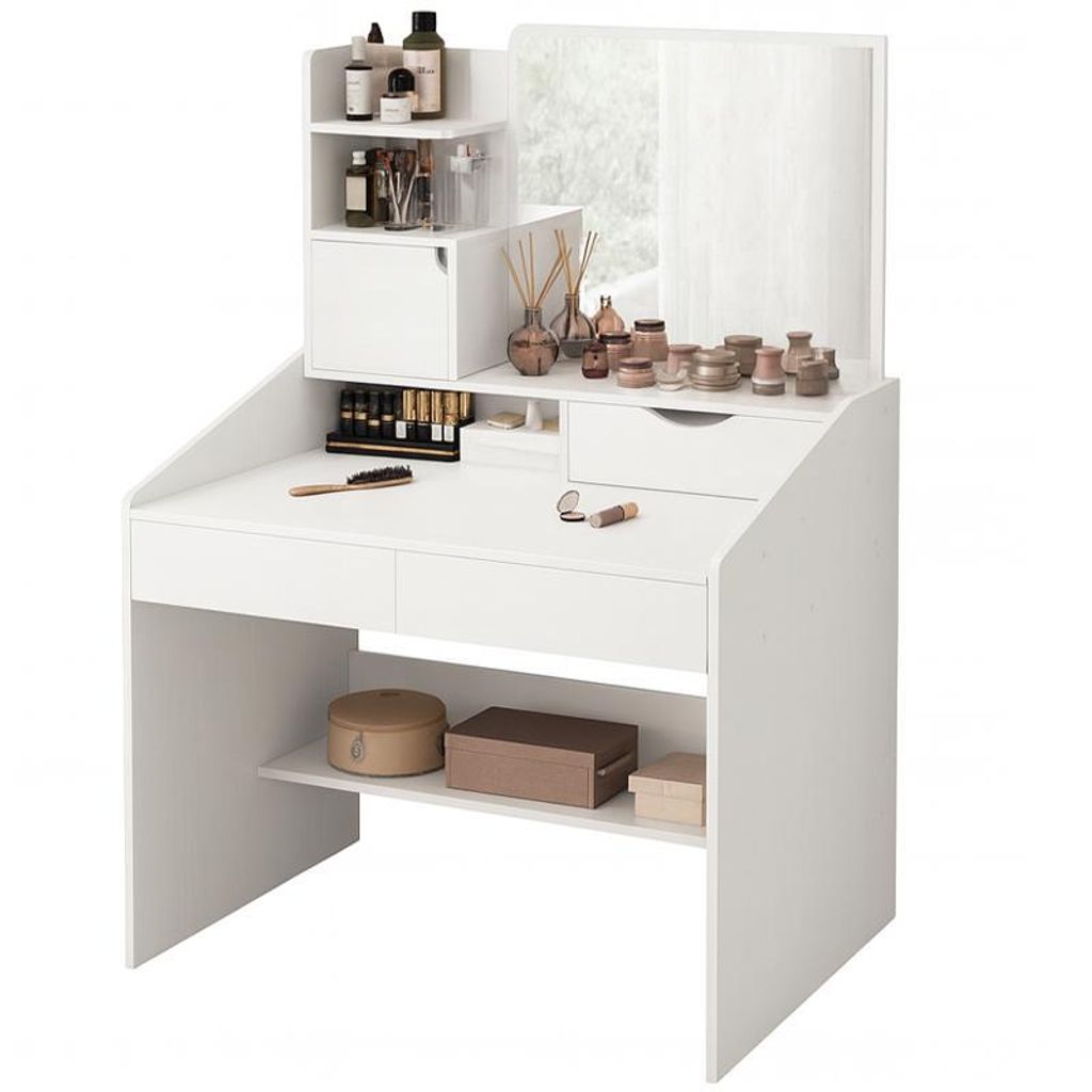 A white vanity table with a mirror and various makeup products displayed on it.