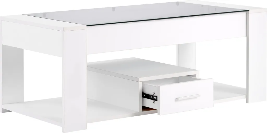 Table basse blanche multi-rangements et plateau verre trempé 100 cm