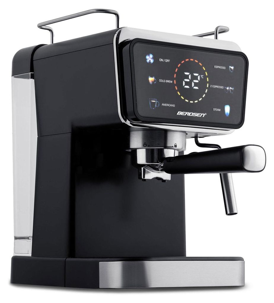 A black and silver espresso machine with a digital display.