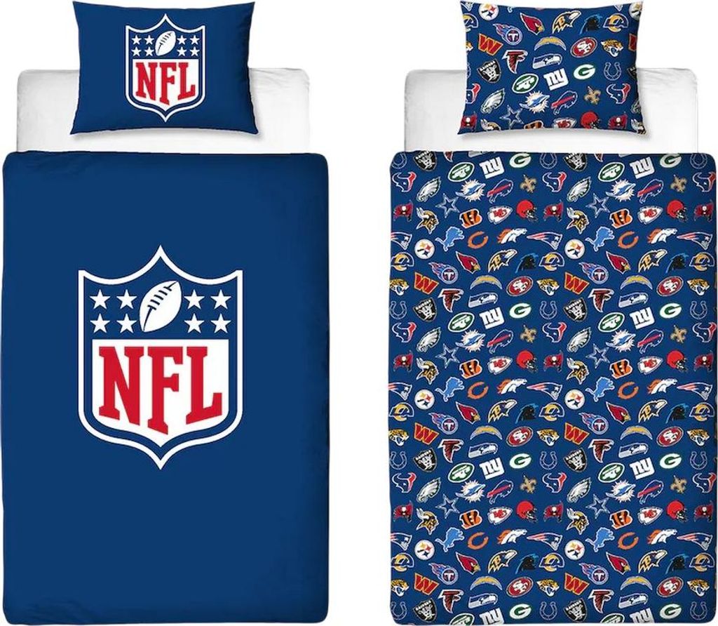 Two sets of NFL bedding, one with a large NFL logo and the other with a pattern of various NFL team logos.