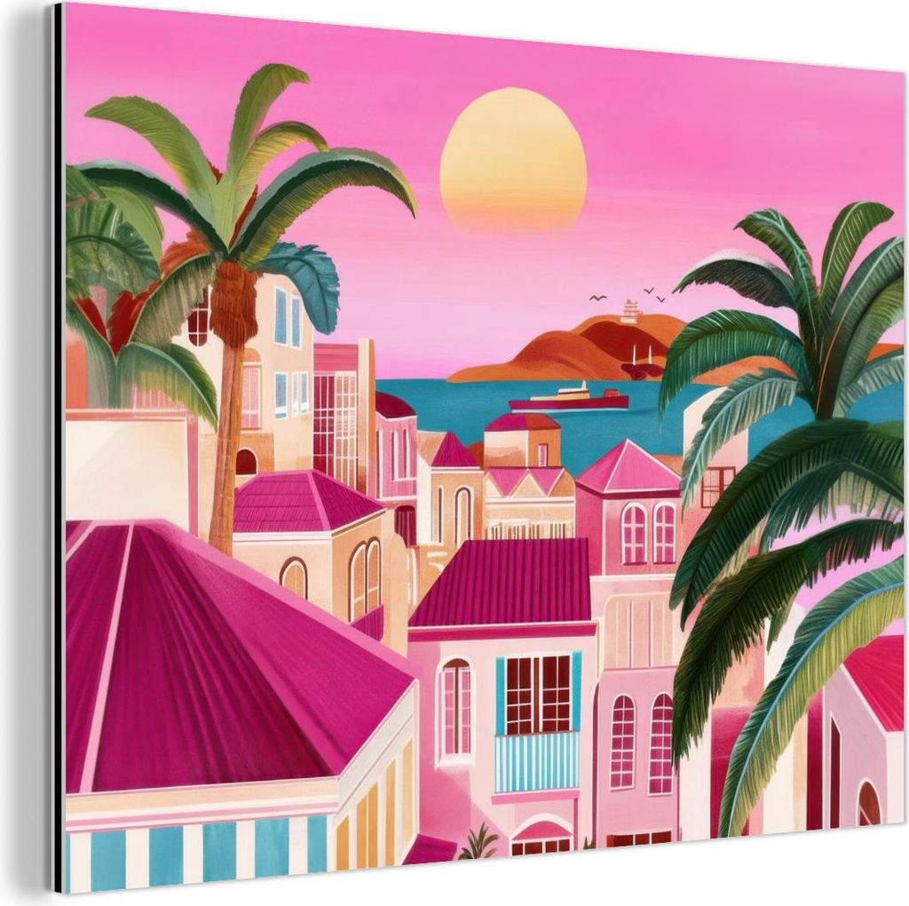 MuchoWow Wanddekoration Metall Metallbild Wandkunst 40x30 cm Stadt - Rosa - Palmen MuchoWow Aluminium Gemälde - Dekoration Wohnzimmer
