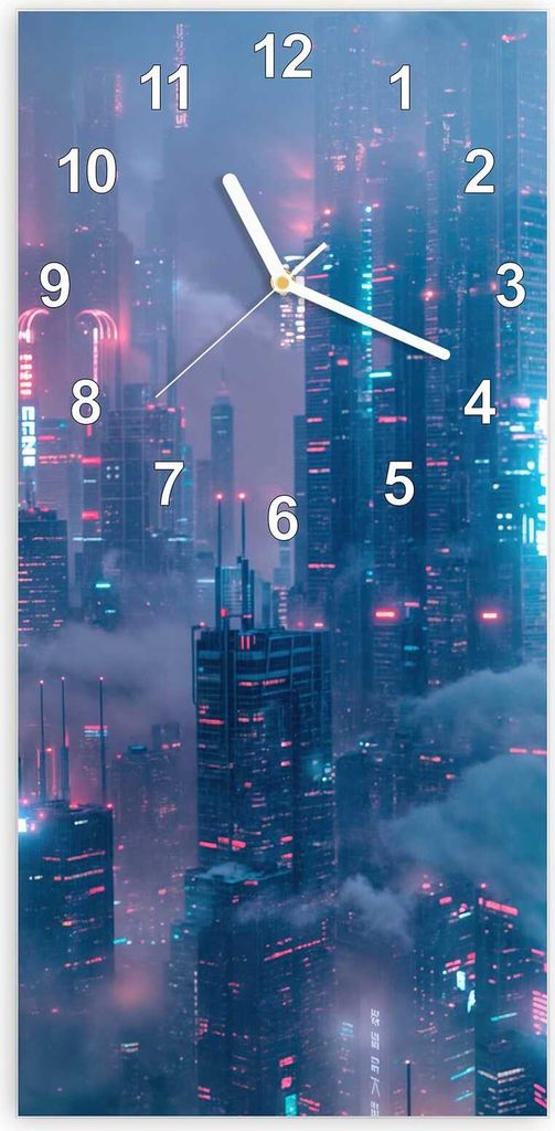 Wanduhr aus Glas mit Motiv Futuristische Stadt- 30 x 60 cm - inkl. Aufhängesystem