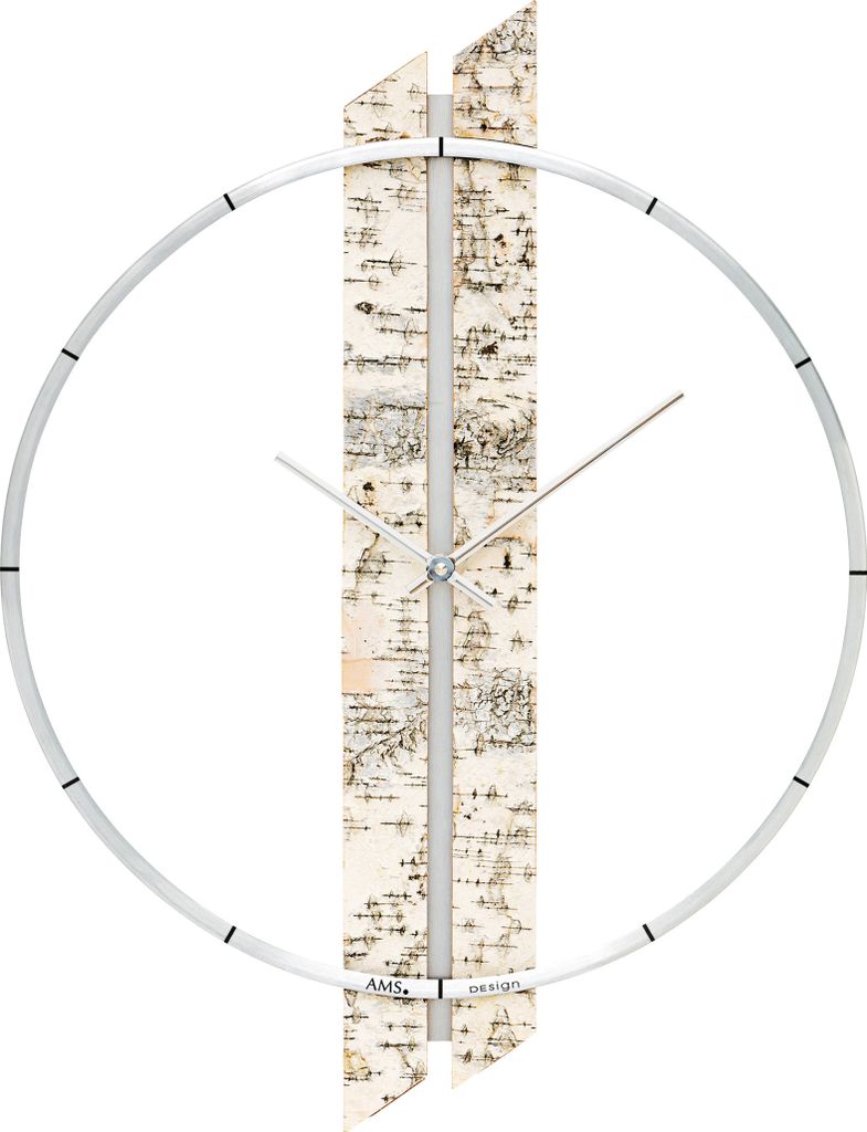 AMS 9604 Wanduhr Quarz analog Holz Birke-Optik mit Aluminium-Ring modern