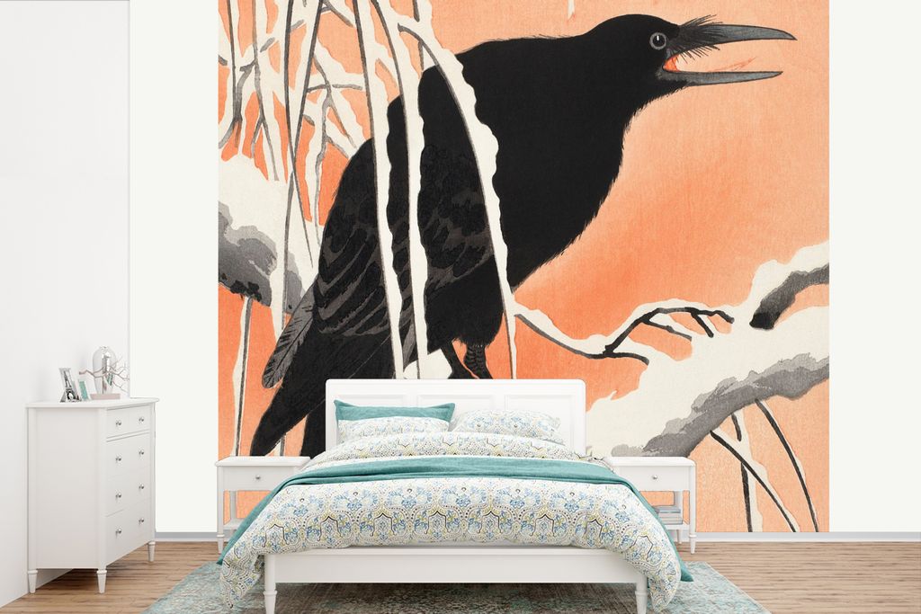 MuchoWow Fototapete für Wohnzimmer oder Schlafzimmer Wandtapete Vinyl Motivtapete Vintage - Krähe - Vogel - Tiere - Zweig - 600x400 cm - Vinylt...