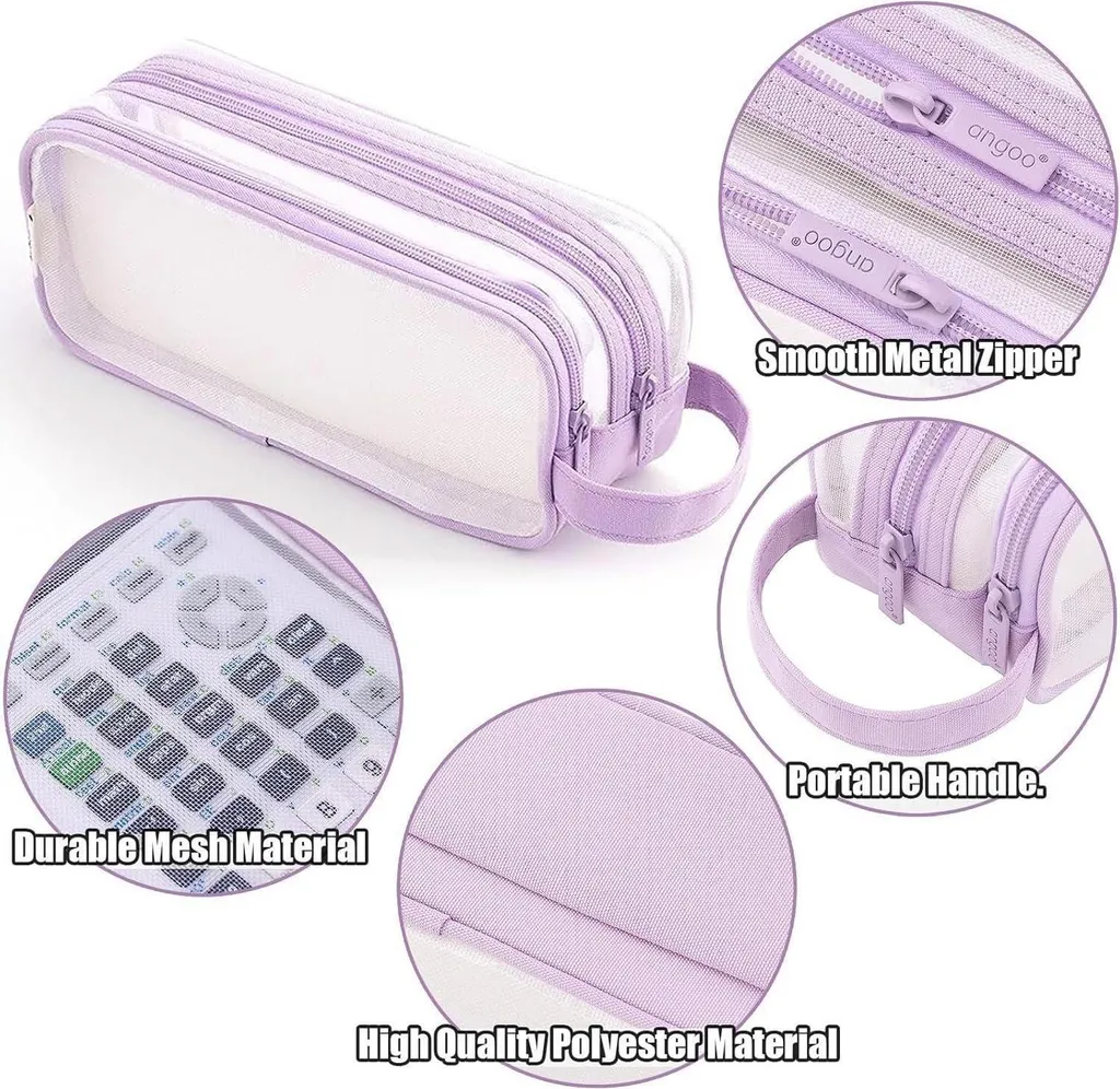 Porte-plume transparent violet grand format pour école et bureau
