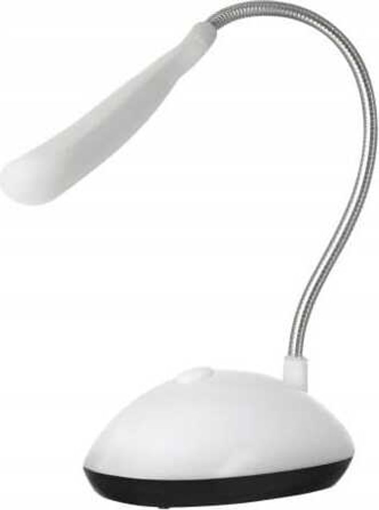 A white LED desk lamp with a flexible silver gooseneck and a white lamp head, on a black base.