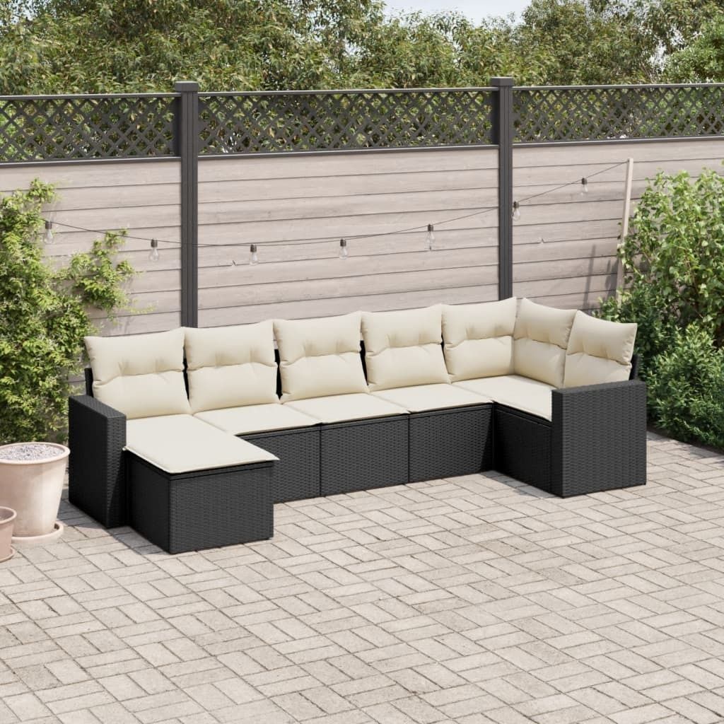 Schlichtes 7-tlg. Garten-Sofagarnitur,Lounge-Gartenmöbel, Gartensofa Set mit Kissen Schwarz Poly Rattan DE7689